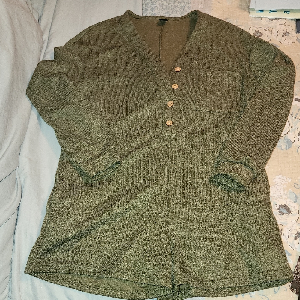 Green Button-Up Knit Romper